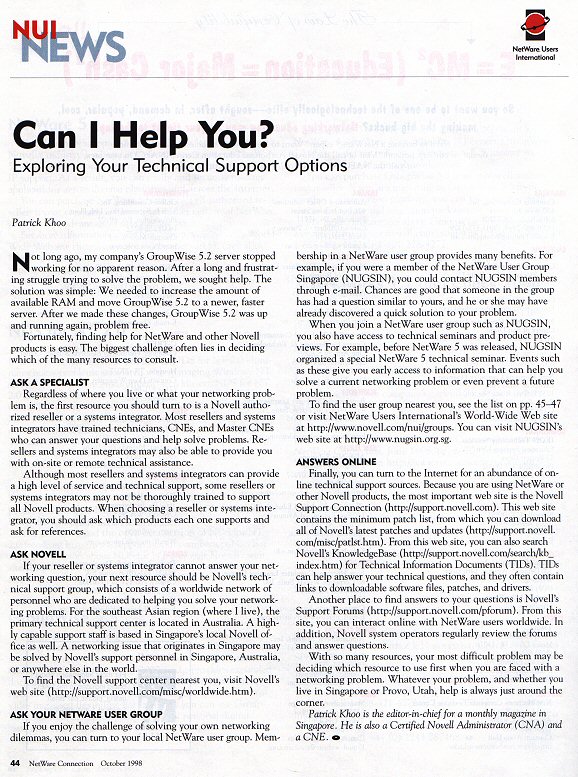 Can I Help You? - Exploring Your Technical Support Options <br/> NetWare Connection, October 1998